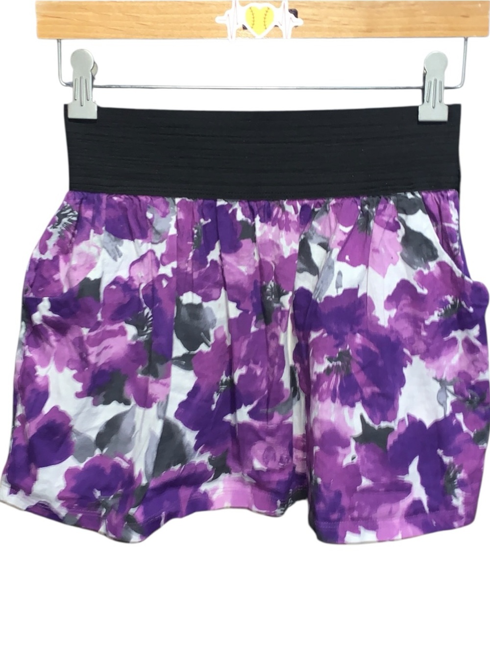 Stargazer Purple Floral Pull On Mini Skirt Black Waistband Pockets